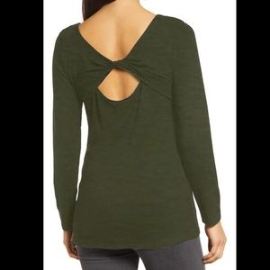 LOVEAPPELLA || Twist Back Yoke Long Sleeve Top in Olive Green - SZ XS ✨NWOT✨
